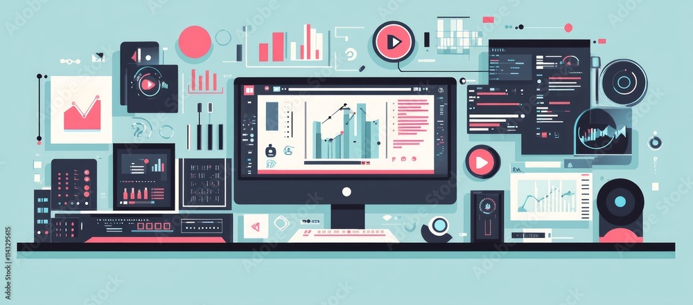 Poster digital workspace with data analytics, charts, and video editing software.