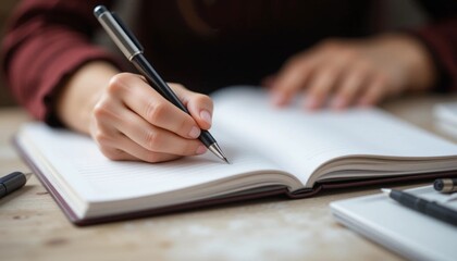 Close-up of hands writing in a notebook.
