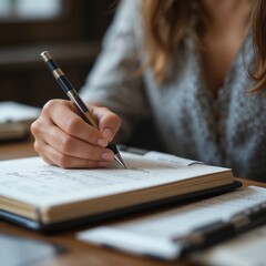 Close-up of a woman meticulously writing in a planner.