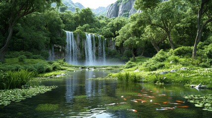 Tranquil Pond with Koi and Waterfall