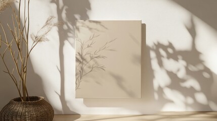 Beige canvas mockup with plant shadows and dried flowers.