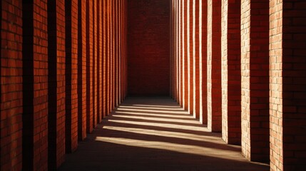 Fototapeta premium Sunlit brick alleyway perspective, long corridor with parallel brick pillars casting shadows.