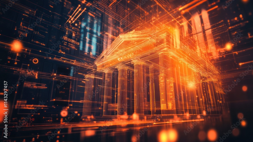 Poster a digital representation of a classical building surrounded by glowing data streams.