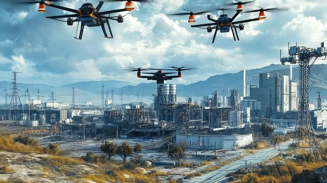 Drones Surveying the Industrial Landscape: A trio of drones soar over a sprawling industrial complex.