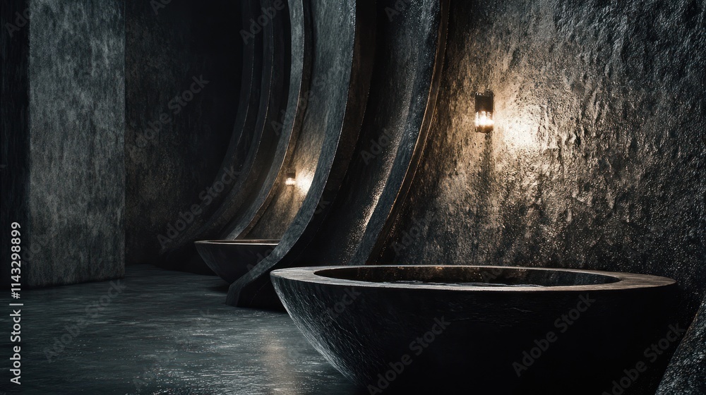 Poster a dimly lit modern space featuring circular stone basins and textured walls.