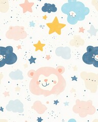Cute Nursery Pattern with Bears and Clouds