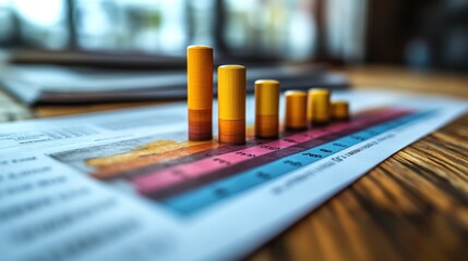 Wooden blocks forming a declining bar graph on a financial report.