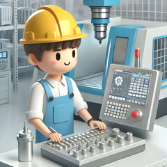 3D Engineer Programming CNC Machine in Modern Manufacturing Facility for Precision Industrial Automation