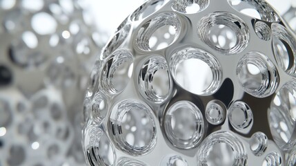 Abstract metallic spheres with intricate hole patterns.