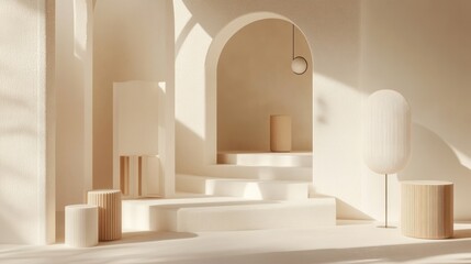 Sunlit minimalist interior with beige arches, steps, and wooden cylinders.