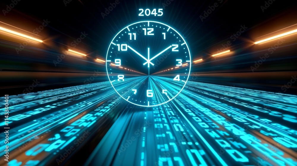 Poster futuristic clock in a digital tunnel, representing time and technology in 2045.