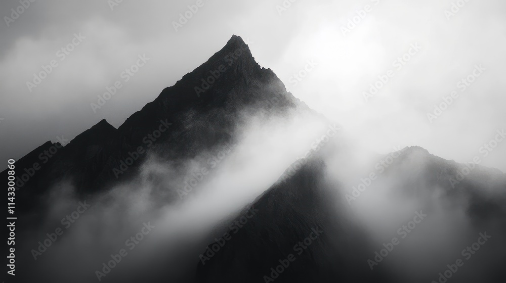 Poster a dramatic mountain peak shrouded in mist, creating a moody and atmospheric landscape.