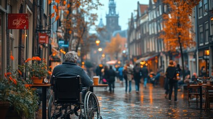 Obraz premium A serene street scene with autumn foliage, people walking, and a person in a wheelchair.