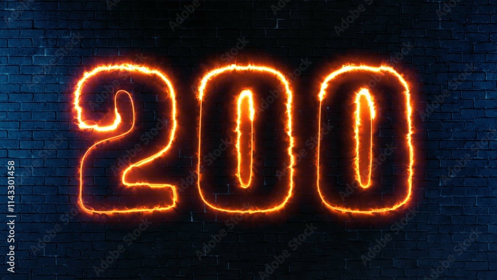 Poster 200 text font with light. luminous and shimmering haze inside the letters of the text 200. 200 neon 
