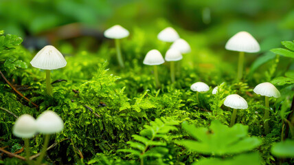 A lush green forest floor covered in moss, ferns, and small mushrooms, natural and earthy.
