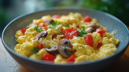 Scrambled Eggs with Tomatoes and Mushrooms in a Bowl
