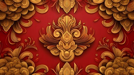 Intricate Golden Floral Pattern with Mythical Creature on Red Background, Ideal for Celebratory Events and Traditional Decoration Themes