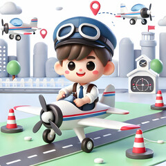 3D Kids Dressed as Pilots Navigating Toy Airplanes in Backyard Airfield Soft Abstract Background