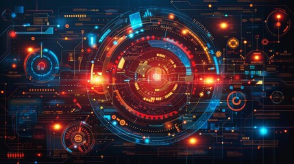 Futuristic digital interface with glowing red and blue HUD elements.