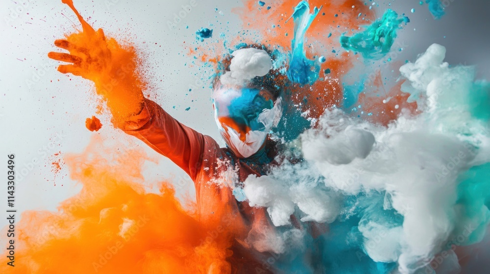 Poster a dynamic scene of vibrant colors exploding around a figure, conveying energy and creativity.