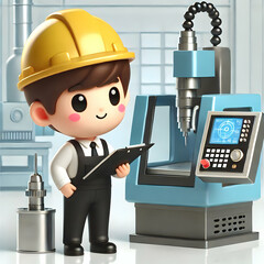 3D Engineer Programming CNC Machine in Modern Manufacturing Facility for Precision Industrial Automation