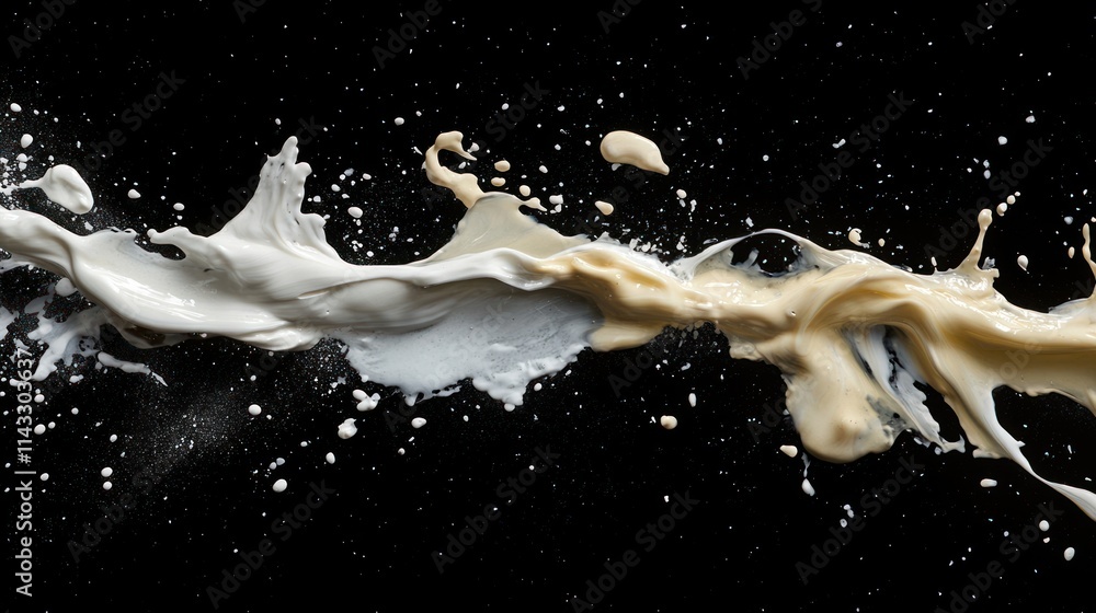 Poster a dynamic splash of white and beige liquids against a black background.