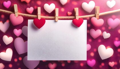 Blank white paper sheet hanging on a heart patterned string with a dreamy pink and red background. Generative AI