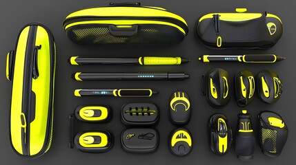 Yellow and black designer stationery and accessories set.