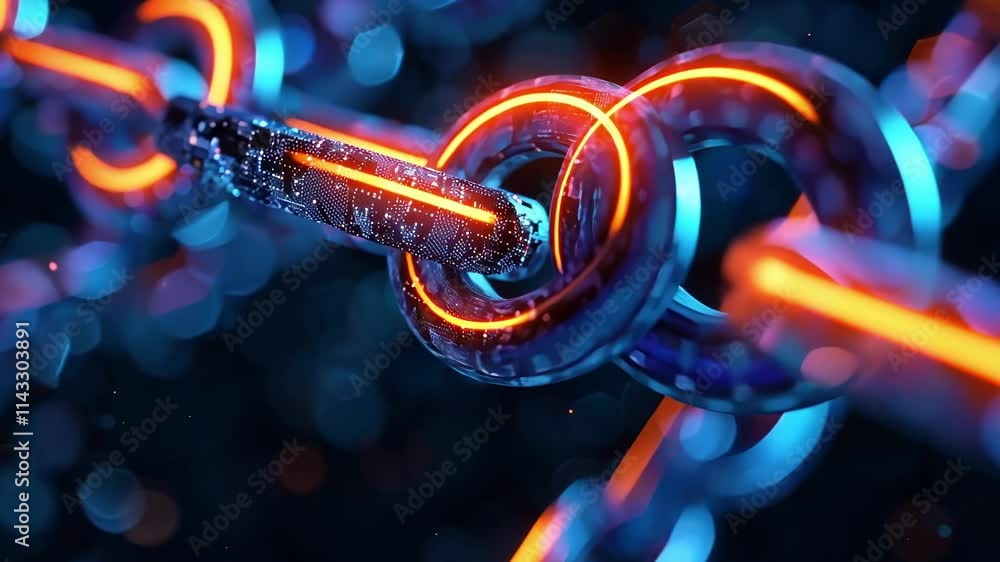 Poster glowing digital chain links interconnected, symbolizing blockchain technology and secure data transm