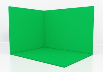3D exhibition booth. Showroom. Square corner. Empty geometric square. Blank box template. Green blank exhibition stand. Presentation event room.