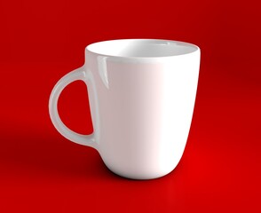Porcelain mug isolated. White color porcelain mug isolated on red background. White ceramic coffee mug mockup. Design template for mock up. 