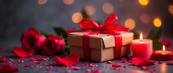 Fototapeta premium A wrapped gift box with a red ribbon, surrounded by roses, candles, and petals, evoking romance.