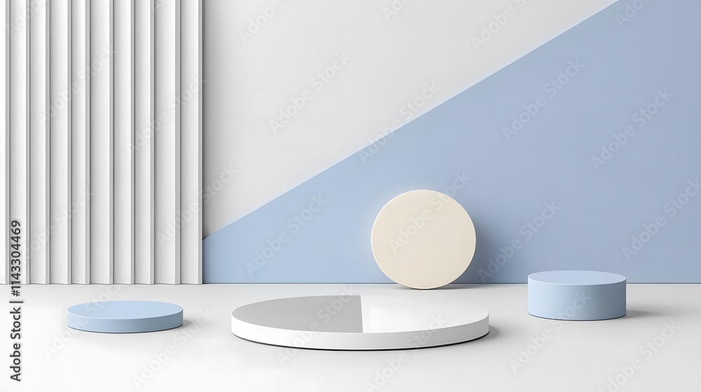 Poster minimalist display with geometric shapes and soft color palette in modern interior, featuring circle