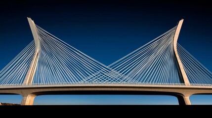 Fototapeta premium Modern cable-stayed bridge showcasing intricate design against a clear blue sky during late afternoon