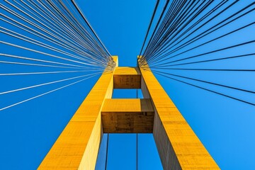 Obraz premium View of a modern cable-stayed bridge contrasting against a clear blue sky during bright daylight hours