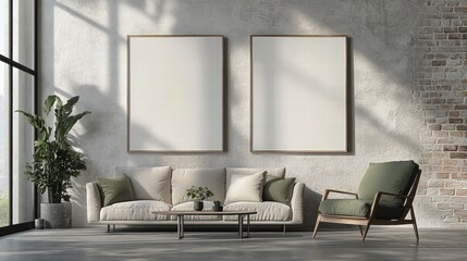 Modern Minimalist Living Room with Blank Frames and Natural Light