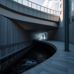 Obraz premium City drainage culvert dry riverbed water system skateboard cement concrete ramp walls wood concrete design wood design concrete architecture wall floor modern