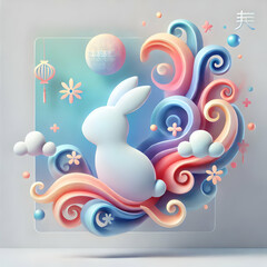 3D Soft abstract image of a rabbit silhouette amidst swirling colors and copy space at the top. concept as A silhouette of a rabbit is enveloped by swirling soft colors symbolizing the Lunar New Year 