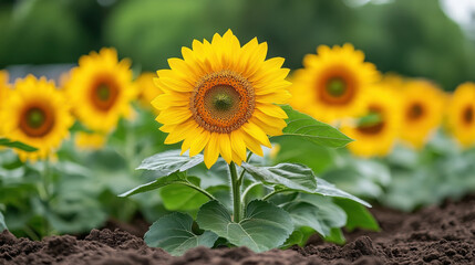 Vibrant yellow sunflower stands out against backdrop of sandy soil, surrounded by lush green leaves. This cheerful flower symbolizes warmth and positivity in nature