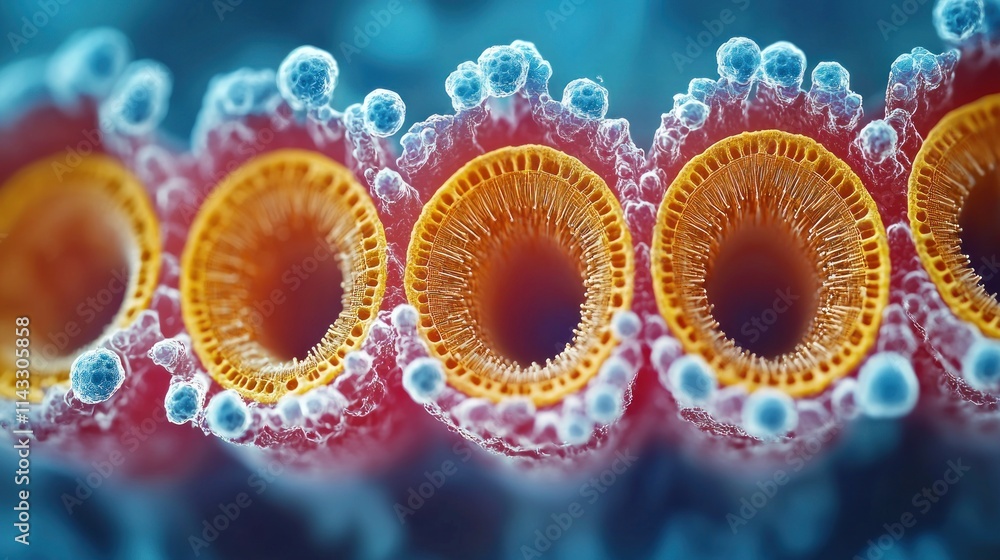 Poster microscopic cellular structures: a vibrant close-up of intricate biological tubes, showcasing comple