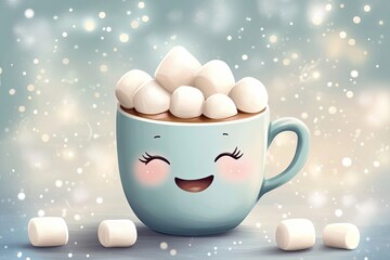 Happy Mug Of Hot Chocolate With Marshmallows