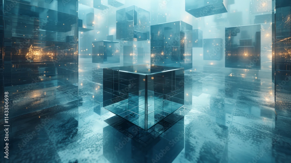 Poster futuristic reflective cubes float in a hazy blue space, creating an abstract, ethereal scene.