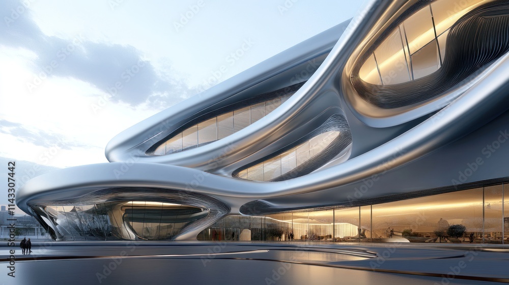 Poster a futuristic architectural design featuring smooth, flowing lines and large glass windows.
