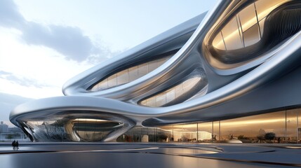 Obraz premium A futuristic architectural design featuring smooth, flowing lines and large glass windows.