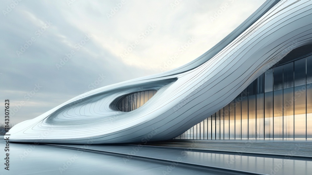 Aufkleber A futuristic building with flowing lines and large glass windows, emphasizing modern architecture.