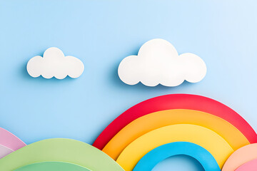 Vibrant paper crafting on a clear blue background featuring whimsical rainbows and fluffy clouds, evoking joy and creativity, perfect for children's decor or artistic inspiration