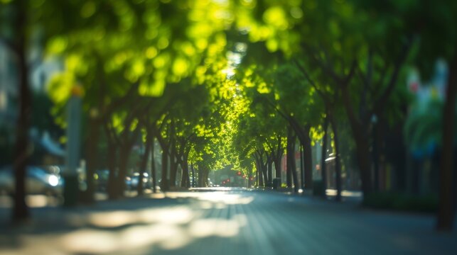 A peaceful city street shaded by a dense canopy of green trees, creating a cool and refreshing ambiance under natural light. AI generated.