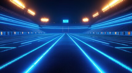 Fototapeta premium A futuristic football stadium illuminated with blue neon lights and a dark atmosphere.