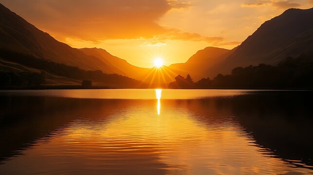 The sun dipping below a range of mountains, casting a golden reflection across a serene mountain lake, with the surrounding hills bathed in the warm light of sunset 