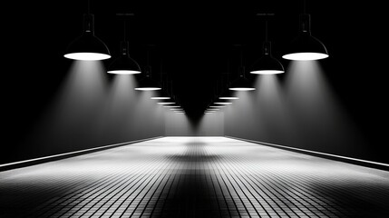 An empty railway platform captured in black and white, with faint mist and flickering old-style lamps, creating an eerie atmosphere